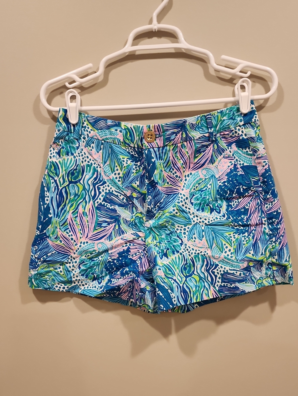 Lilly Pulitzer Blue and Pink Tropical-Print Women's Bermuda Shorts, Size 4